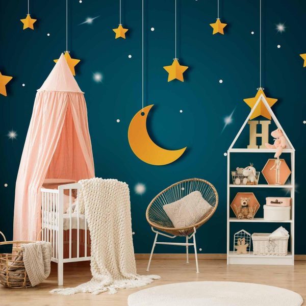 Papier peint - Skyline - turquoise night sky landscape with stars for children