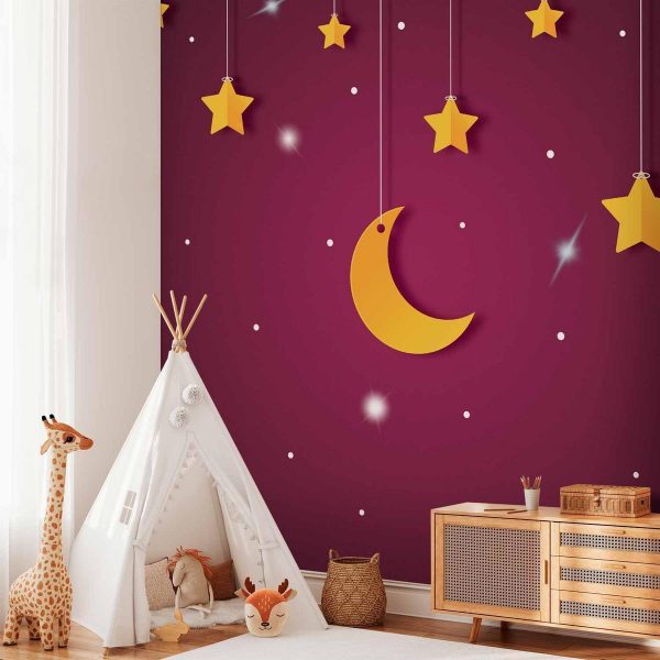 Papier peint - Skyline - violet night sky landscape with stars for children