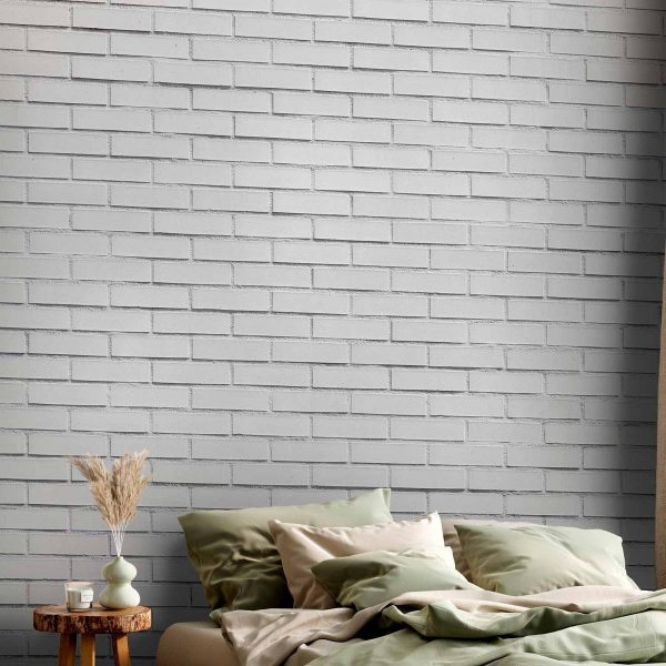 Papier peint - Snow Brick - Pattern Imitating a Brick Wall in White