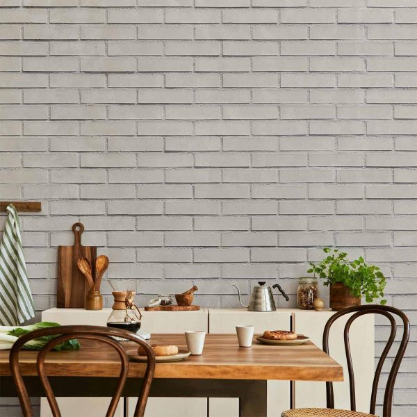 Papier peint - Snow Brick - Pattern Imitating a Brick Wall in White