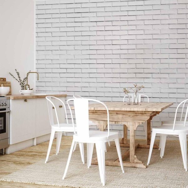 Papier peint - Snow Brick - Pattern Imitating a Brick Wall in White