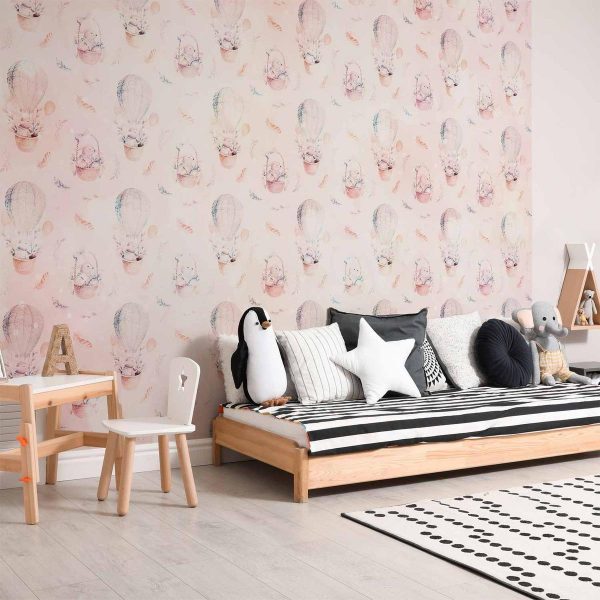 Papier peint - Solid pattern with feathers - hares in a basket and in a balloon for children