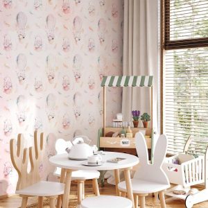 Papier peint - Solid pattern with feathers - hares in a basket and in a balloon for children