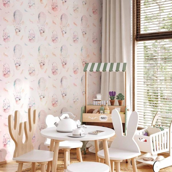 Papier peint - Solid pattern with feathers - hares in a basket and in a balloon for children