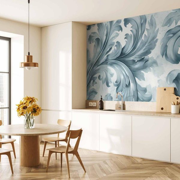 Papier peint - Stone Baroque Ornaments in Light Shades of Gray-Blue