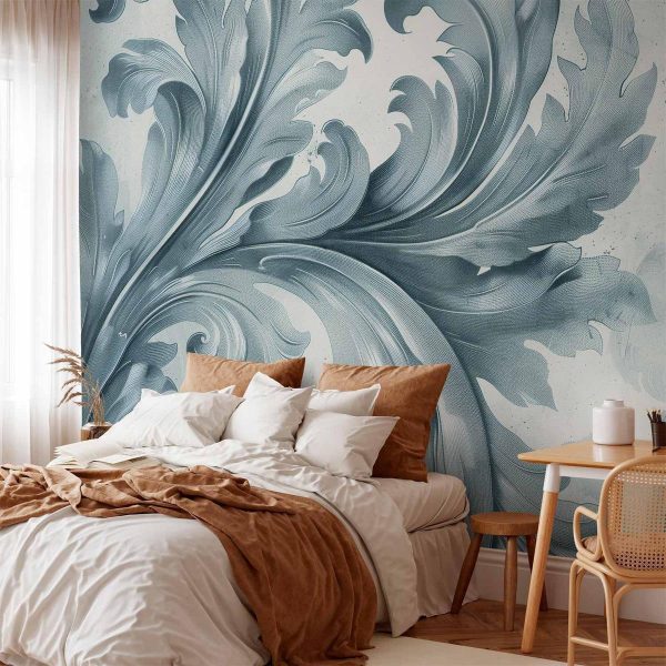 Papier peint - Stone Baroque Ornaments in Light Shades of Gray-Blue