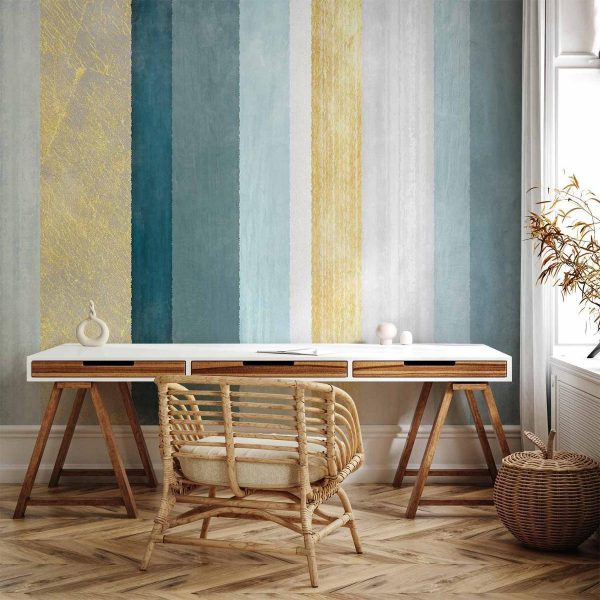 Papier peint - Striped pattern - abstract background in stripes in blue tones with gold pattern