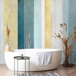 Papier peint - Striped pattern - abstract background in stripes in blue tones with gold pattern
