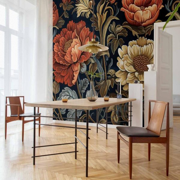 Papier peint - Tapestry Large Flowers Retro Floral Motif in Kilim Style