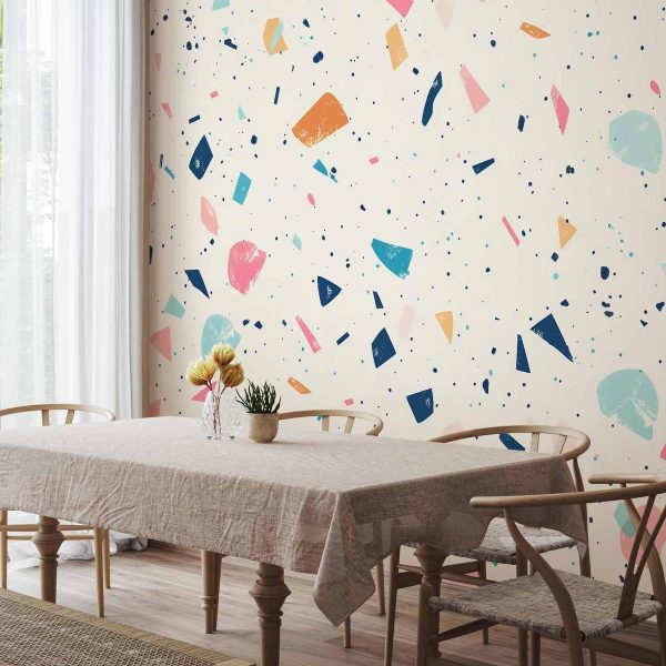 Papier peint - Terrazzo with Multicolored Large Elements Cheerful Pattern on a Light Background