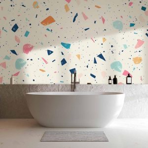 Papier peint - Terrazzo with Multicolored Large Elements Cheerful Pattern on a Light Background