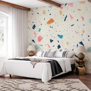 Papier peint - Terrazzo with Multicolored Large Elements Cheerful Pattern on a Light Background
