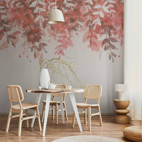 Papier peint - Under vegetation - hanging vines of pink leaves on a neutral background