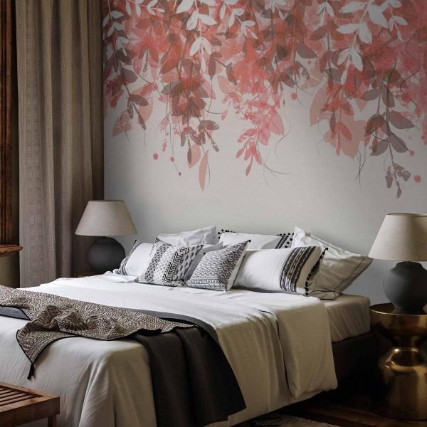 Papier peint - Under vegetation - hanging vines of pink leaves on a neutral background