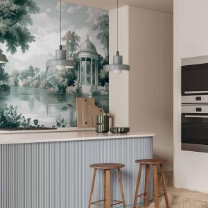 Papier peint - View of the Park and Lake Retro Vintage Landscape in Greens