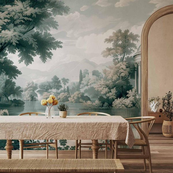 Papier peint - View of the Park and Lake Retro Vintage Landscape in Greens