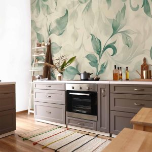 Papier peint - Watercolor Botanical Motif Delicate Green-Beige Leaves