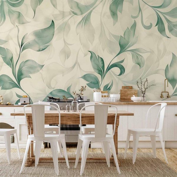Papier peint - Watercolor Botanical Motif Delicate Green-Beige Leaves