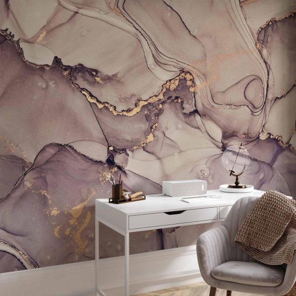 Papier peint - Watercolour Abstraction - Powder Pink Marble With Gold Accents