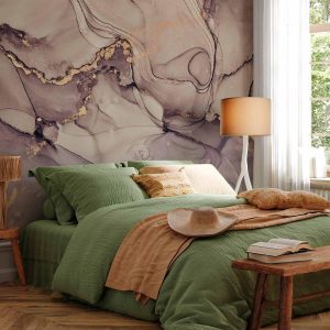 Papier peint - Watercolour Abstraction - Powder Pink Marble With Gold Accents