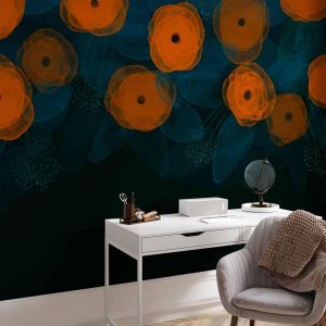 Papier peint - Watercolour composition - orange patterns on a delicate leaf background