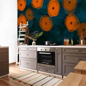 Papier peint - Watercolour composition - orange patterns on a delicate leaf background