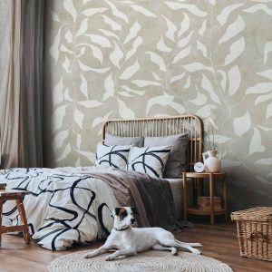 Papier peint - White leaves - abstract plant motif on beige background with frame