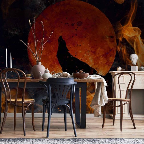 Papier peint - Wild nature - wolf on a background of a red moon in flames of fire