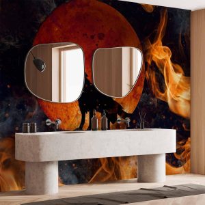 Papier peint - Wild nature - wolf on a background of a red moon in flames of fire