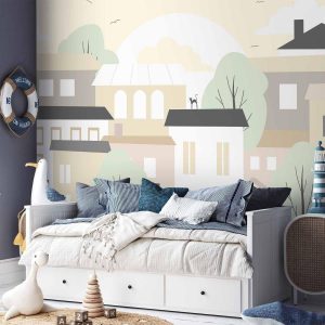 Papier peint - Yellow town - city suburb with trees and cats for children