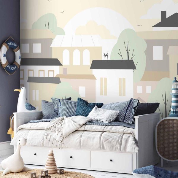 Papier peint - Yellow town - city suburb with trees and cats for children