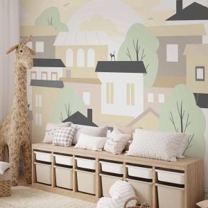 Papier peint - Yellow town - city suburb with trees and cats for children