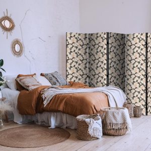 Paravent - Among Pink Shrubs - White and Beige Rabbits on a Blooming Meadow