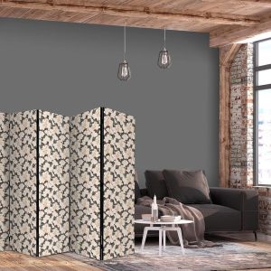 Paravent - Among Pink Shrubs - White and Beige Rabbits on a Blooming Meadow