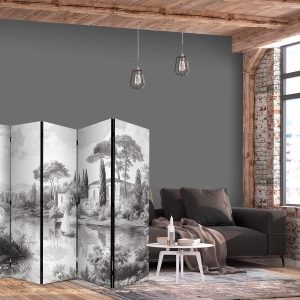 Paravent - Black and White Vintage Landscape - Retro View of a Pond with a Boat