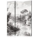 Paravent - Black and White Vintage Landscape - Retro View of a Pond with a Boat