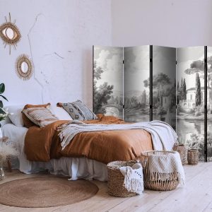 Paravent - Black and White Vintage Landscape - Retro View of a Pond with a Boat