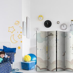 Paravent - Cloudy Night Sky - Moons in Browns and Beiges Amid Numerous Clouds and Stars on a Light Background