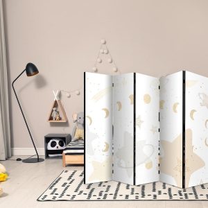 Paravent - Fairy-Tale Galaxy - Moon Phases in Shades of Yellow Among Stars in Beige and Ash Colors with Stardust