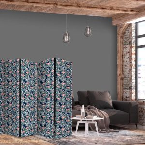 Paravent - Fish Among Leaves - Colorful Koi Fish Among Dark Green Water Lily Leaves on a Navy Water Surface