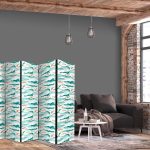 Paravent - Fish Jumping Above The Waves - Oriental Fish And Water Lilies Among High Waves in Shades of Sea Green