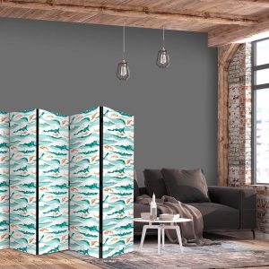 Paravent - Fish Jumping Above The Waves - Oriental Fish And Water Lilies Among High Waves in Shades of Sea Green