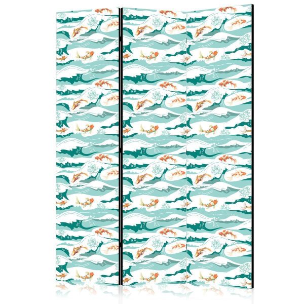 Paravent - Fish Leaping Above the Waves - Oriental Fish and Water Lilies Among High Waves in Sea Green Colors Paravent - Fish Leaping Above the Waves - Oriental Fish and Water Lilies Among High Waves in Sea Green Colors