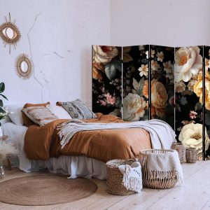 Paravent - Floristry in Vintage Style - a Plethora of Colorful Flowers on a Black Background