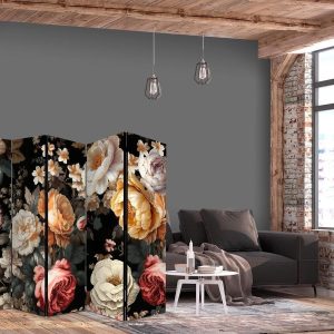 Paravent - Floristry in Vintage Style - a Plethora of Colorful Flowers on a Black Background