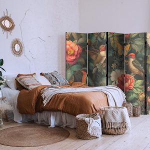 Paravent - In the Botanical Garden - Flowers Birds and Butterflies - Colorful Illustration