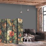 Paravent - In the Botanical Garden - Flowers Birds and Butterflies - Colorful Illustration