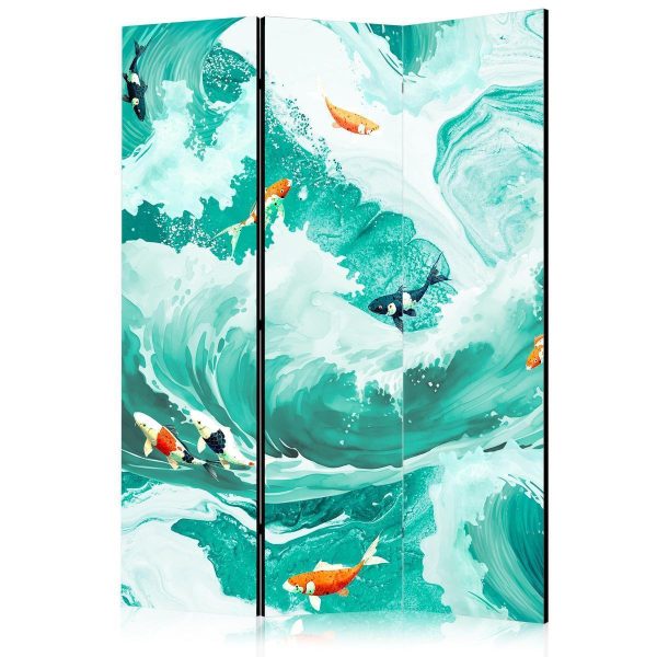 Paravent - Koi Fish Among Waves - Japanese Fish Among Waves in Shades of Turquoise And White Paravent - Koi Fish Among Waves - Japanese Fish Among Waves in Shades of Turquoise And White