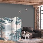 Paravent - Mountainous Coast with Trees and Rocks - in Light Pastel Blues