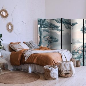 Paravent - Mountainous Coast with Trees and Rocks - in Light Pastel Blues